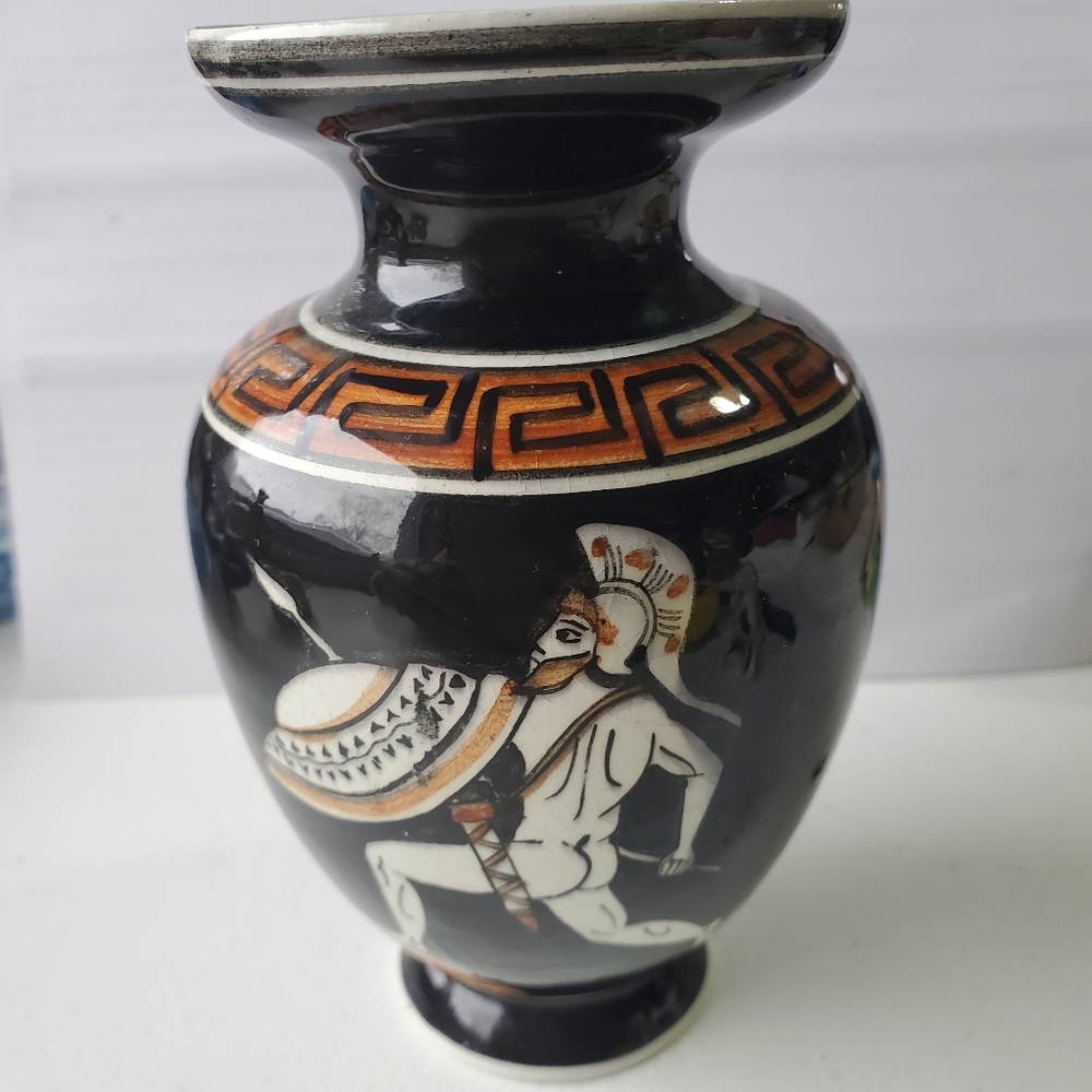 Greek Vase Hand Made & Painted Greek Warrior Black 5” Art Tradition Stamp.